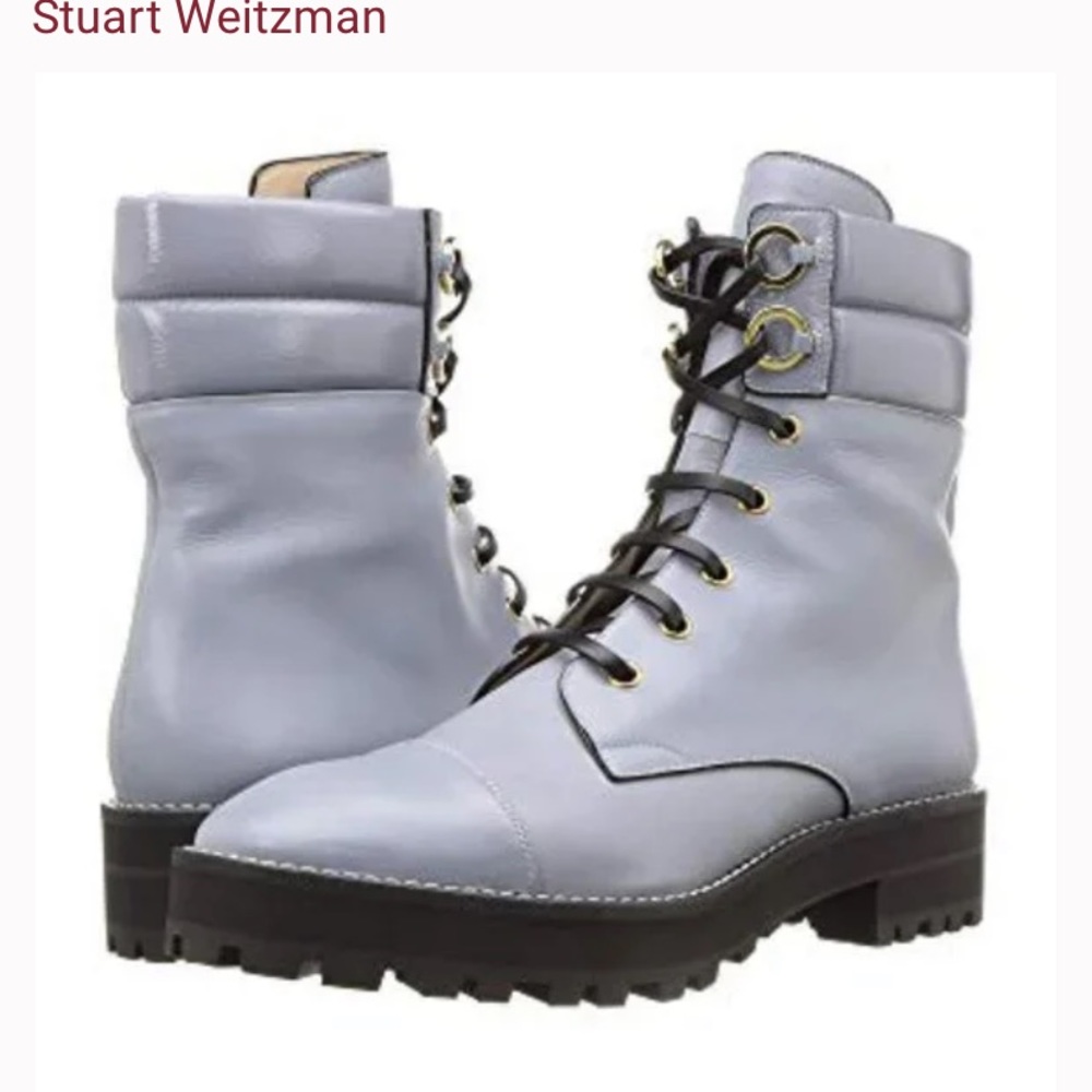 Stuart Weitzman Lexy leather combat boot size 7.5 eggshell blue